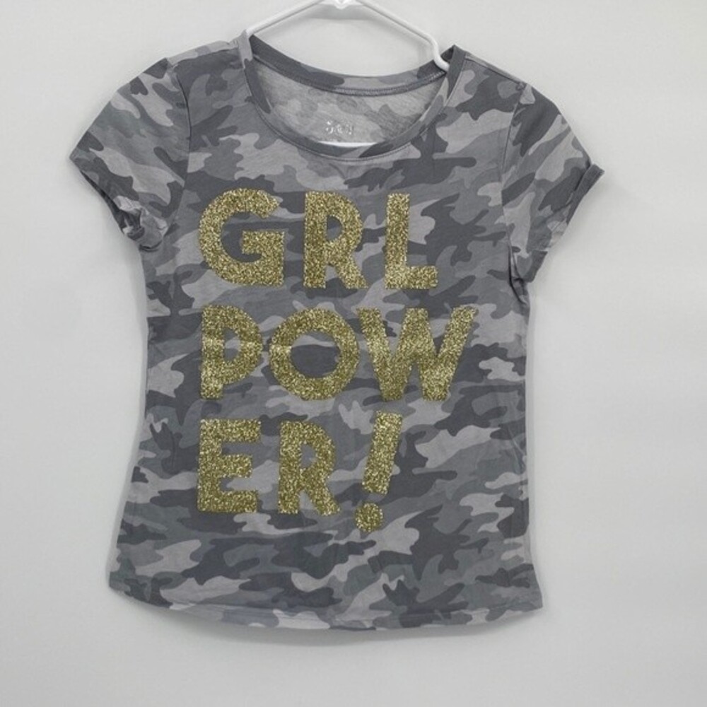 Justice Girls Gray Camo Gold Sparkle GRL POWER! Graphic Short Sleeve Shirt 12